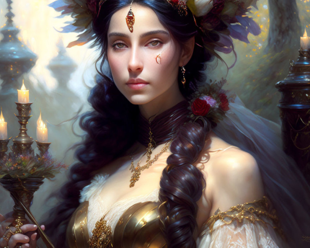 Regal woman with braided hairstyle and gold jewelry in candlelight