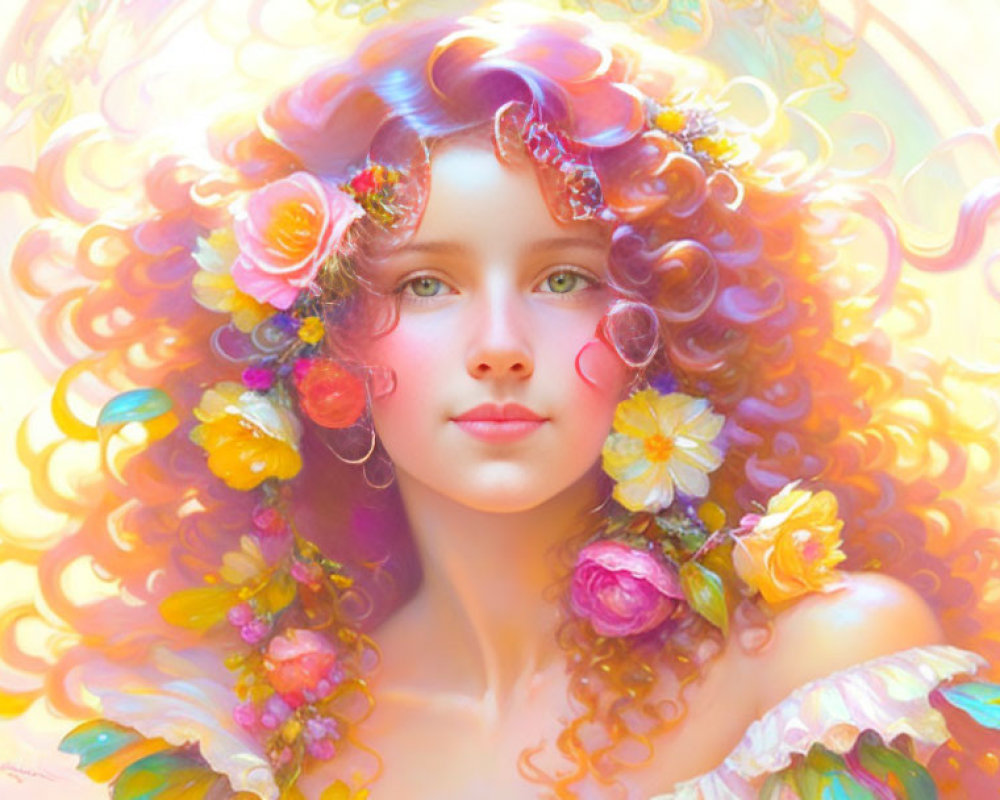 Woman Portrait with Curly Hair and Vibrant Flowers in Soft Glow