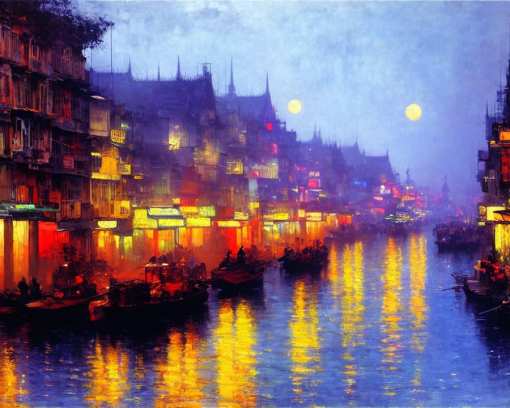 Vibrant impressionistic painting of a bustling river scene at dusk