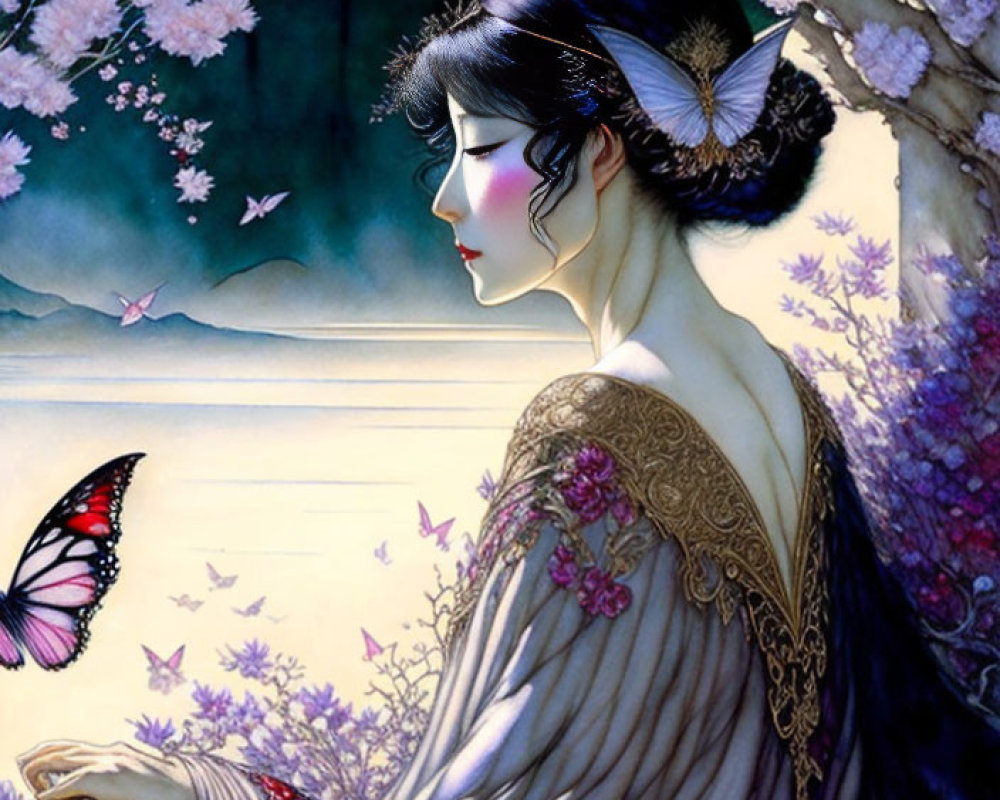 Illustrated woman in traditional attire by cherry blossom tree with butterfly: serene and mystical ambiance