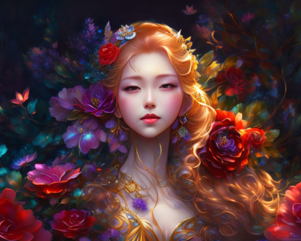 Ethereal woman with golden hair in colorful floral setting