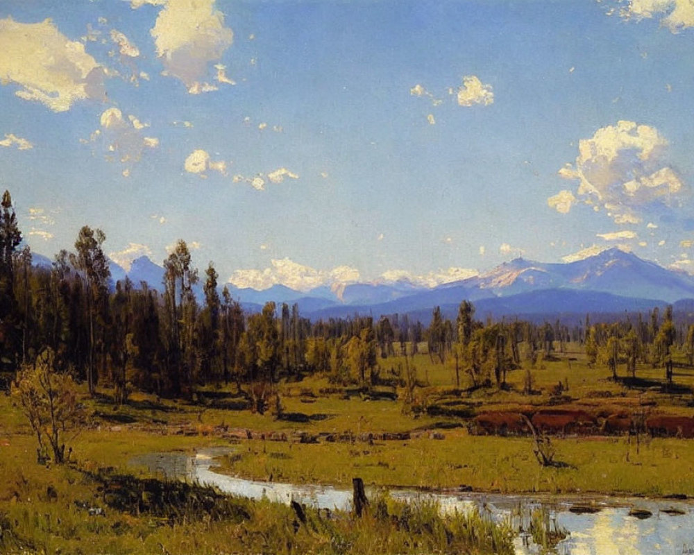 Tranquil landscape painting: lush meadow, winding river, distant mountains