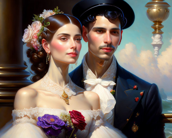 Victorian era couple in formal wedding attire illustration