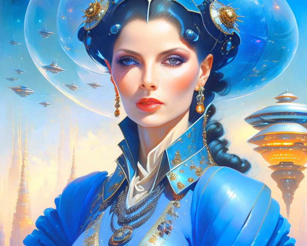 Futuristic woman in blue outfit with transparent helmet and golden ornaments in sci-fi cityscape