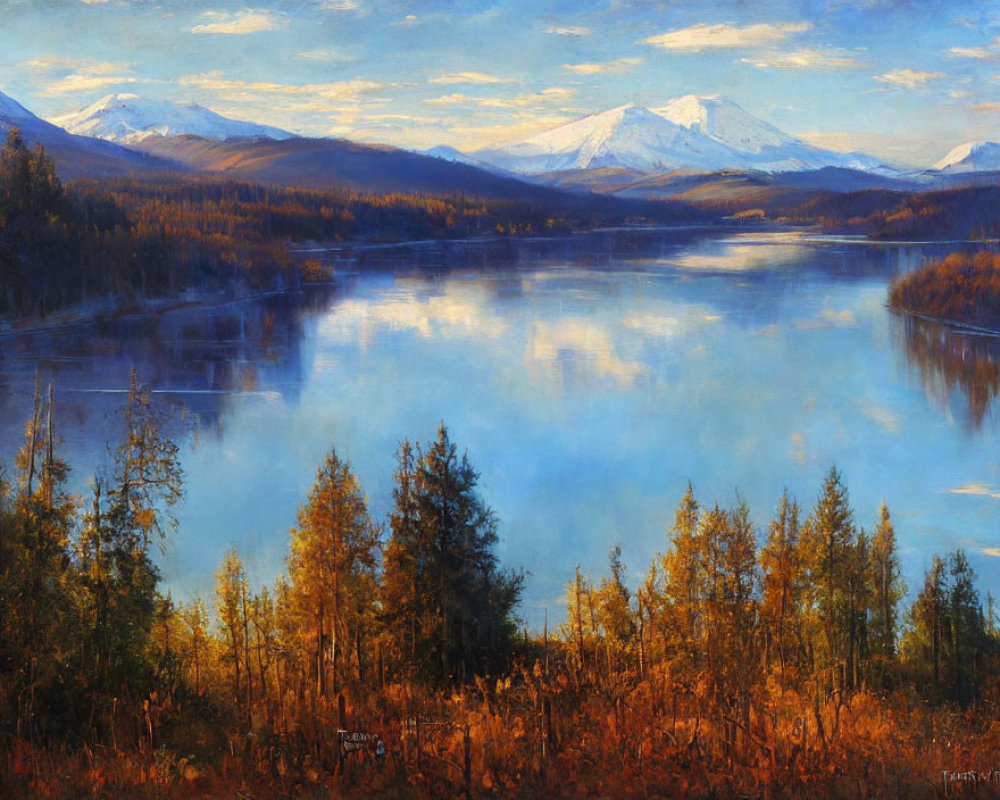 Tranquil landscape: blue lake, autumn foliage, snow-capped mountains