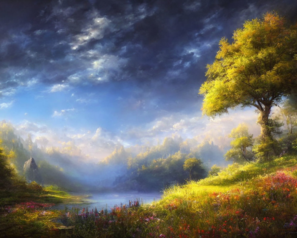 Colorful Landscape with Tree, Wildflowers, River, Fog, and Dynamic Sky