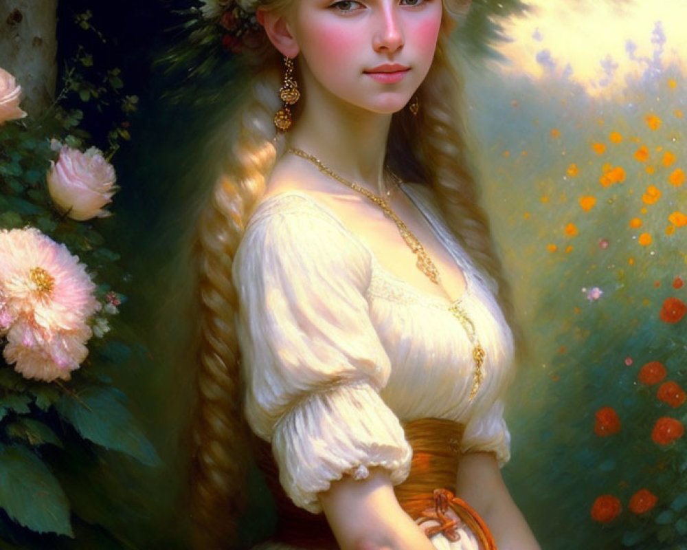 Portrait of a Young Woman with Braided Hair and Flower Crown in White Dress
