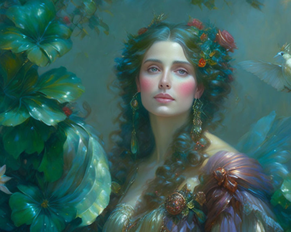 Woman in lush greenery with flowers and bird, creating mystical ambiance.