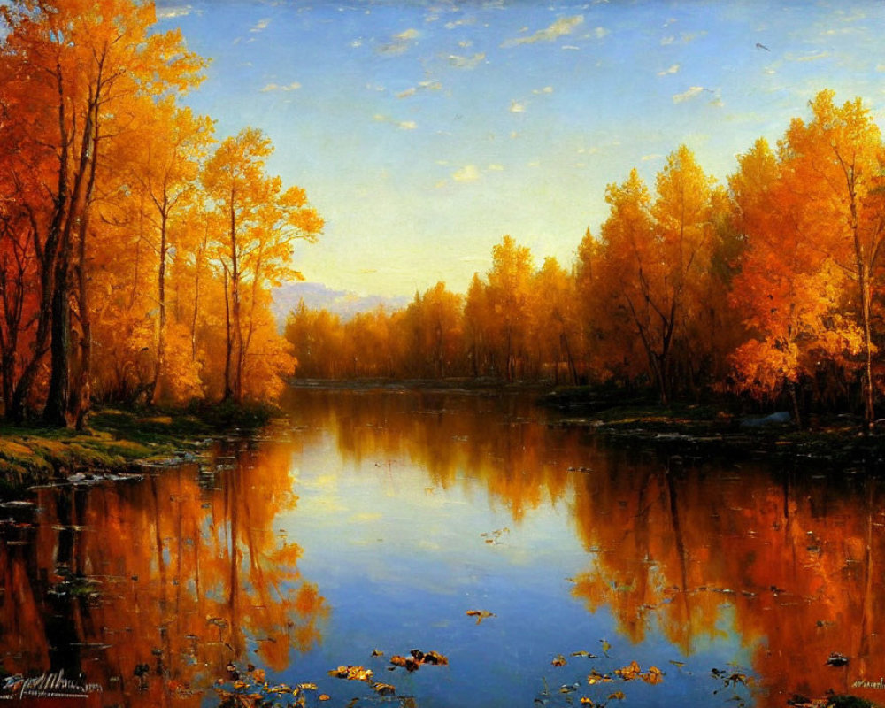 Vibrant Autumn Landscape with Orange and Yellow Trees by Calm River