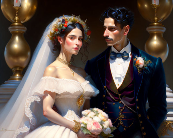 Bride and groom in elegant wedding attire with bouquet and blue suit.
