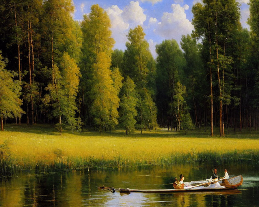 Tranquil river landscape with rowing people and lush greenery