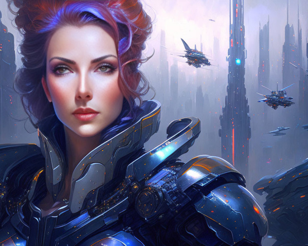Digital artwork: Woman in blue armor in futuristic cityscape