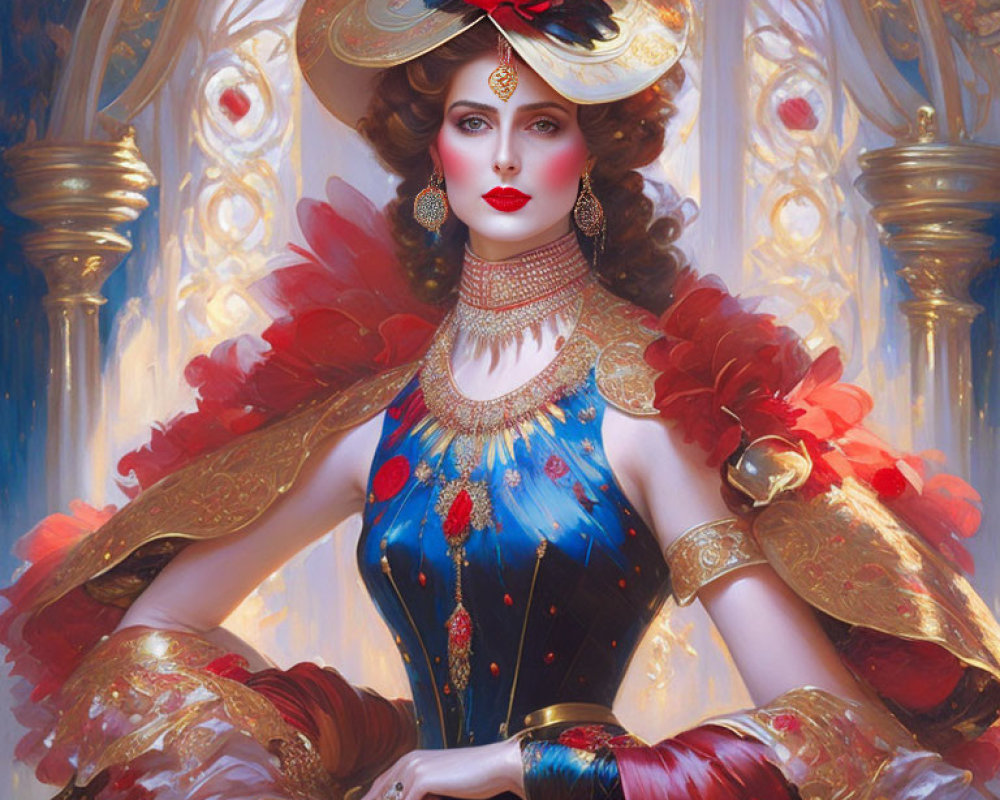 Stylized digital portrait of a woman in ornate blue gown