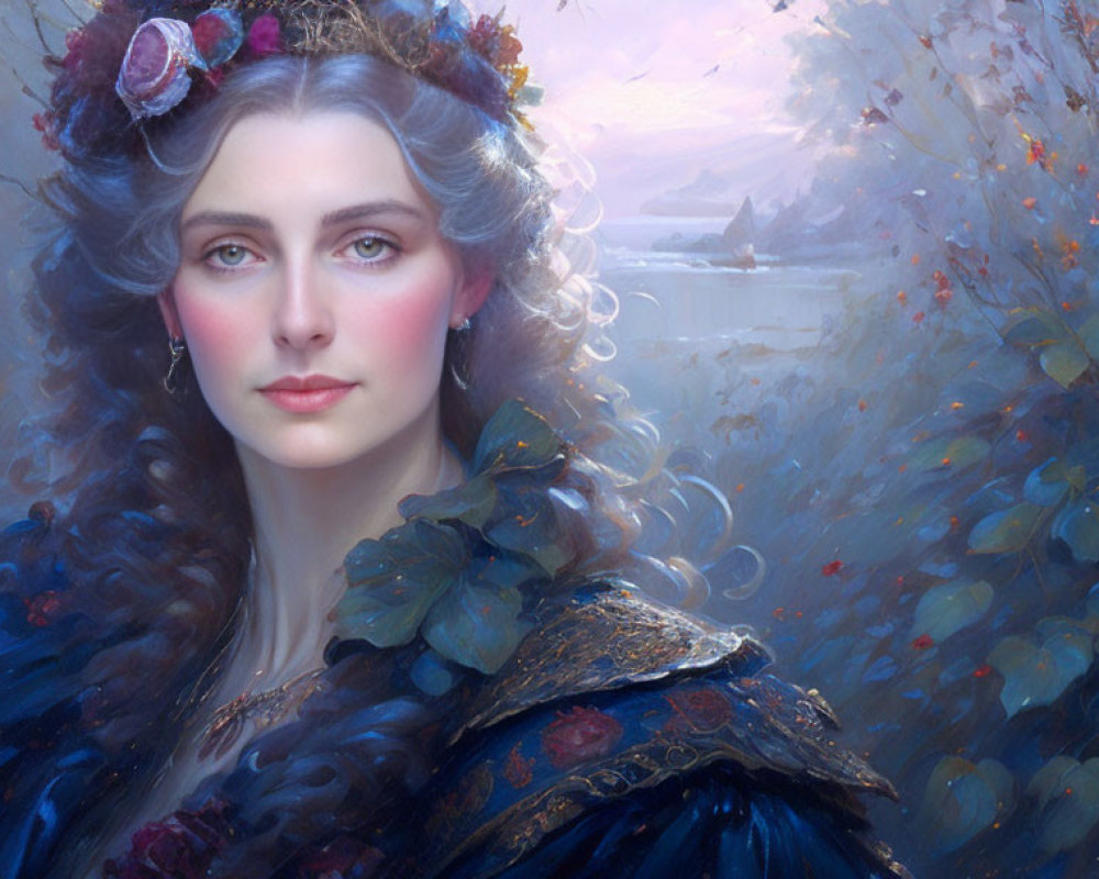 Woman with Flowers in Hair, Blue Dress, Serene Expression in Misty Landscape