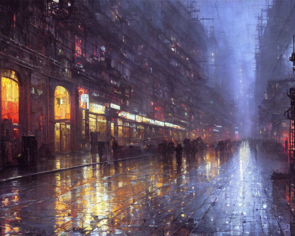 Rainy Neon-Lit Street at Night with Wet Pavement