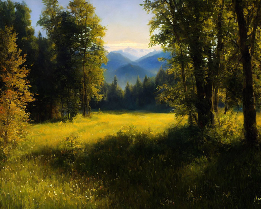 Sunlit meadow surrounded by lush trees and distant mountains