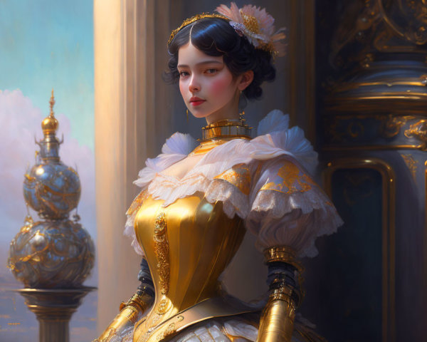 Digital painting of a young woman in ornate gold and white period dress