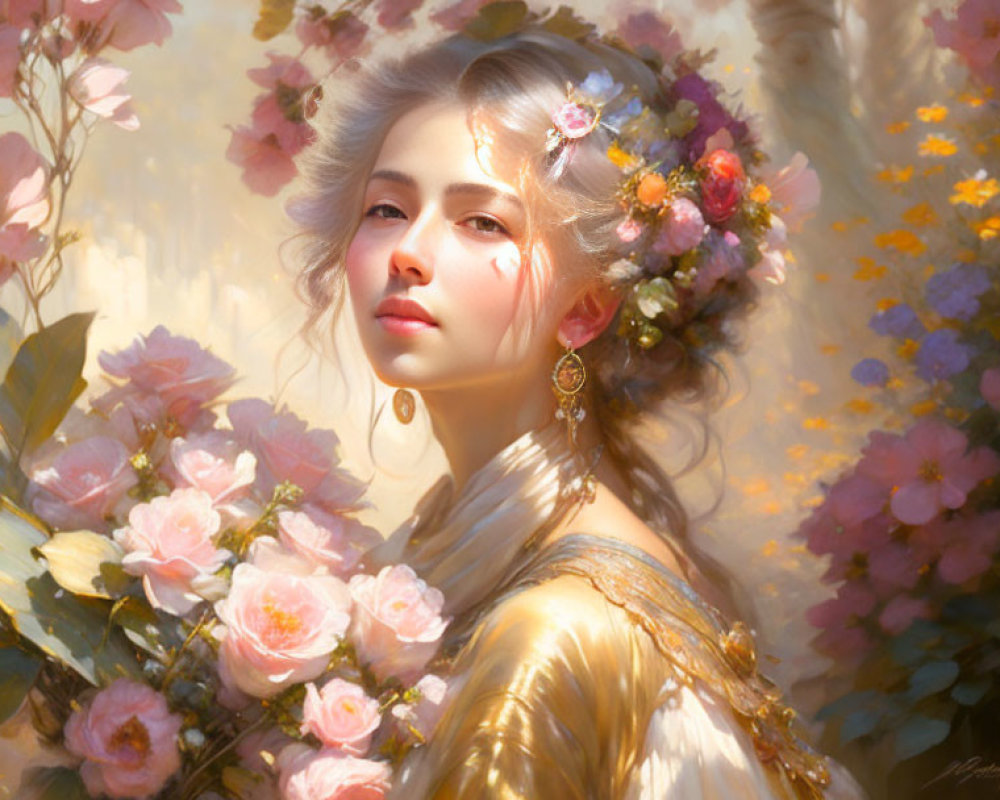 Woman with flowers in hair and golden earrings in floral setting.