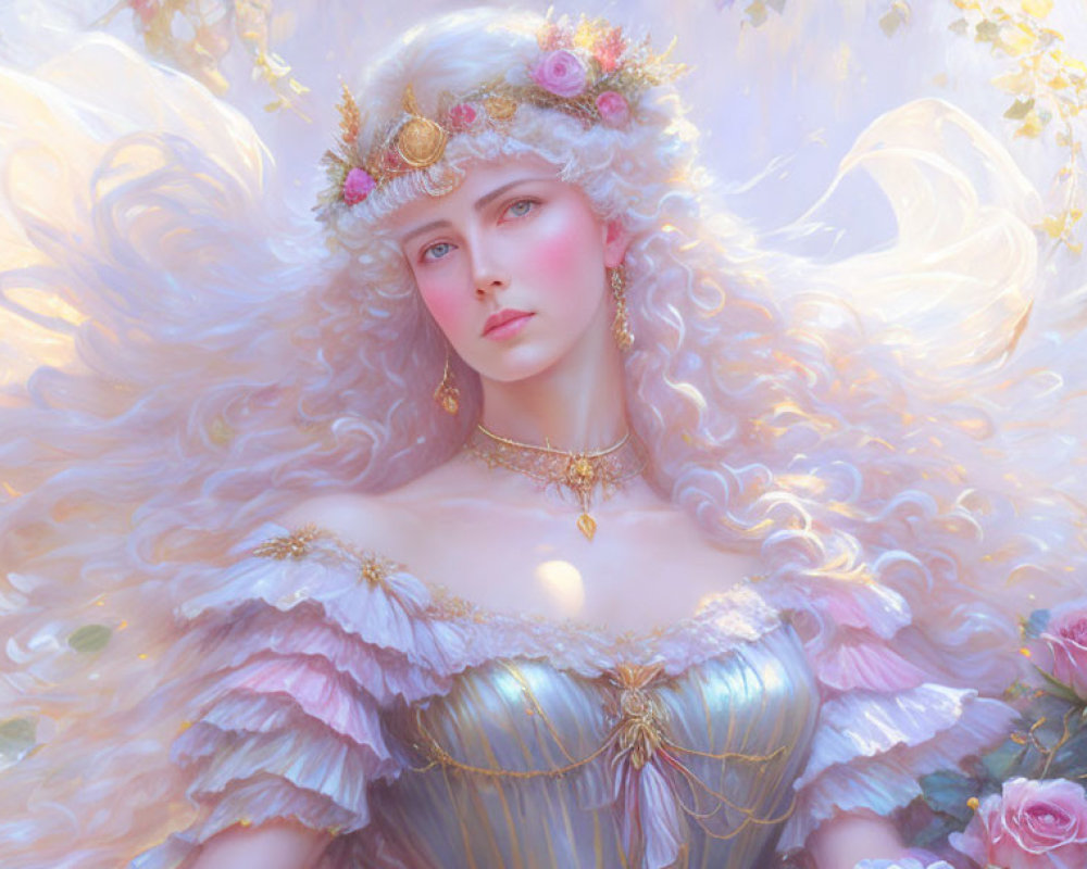 Blond-haired woman in pastel dress with flowers and gold accents