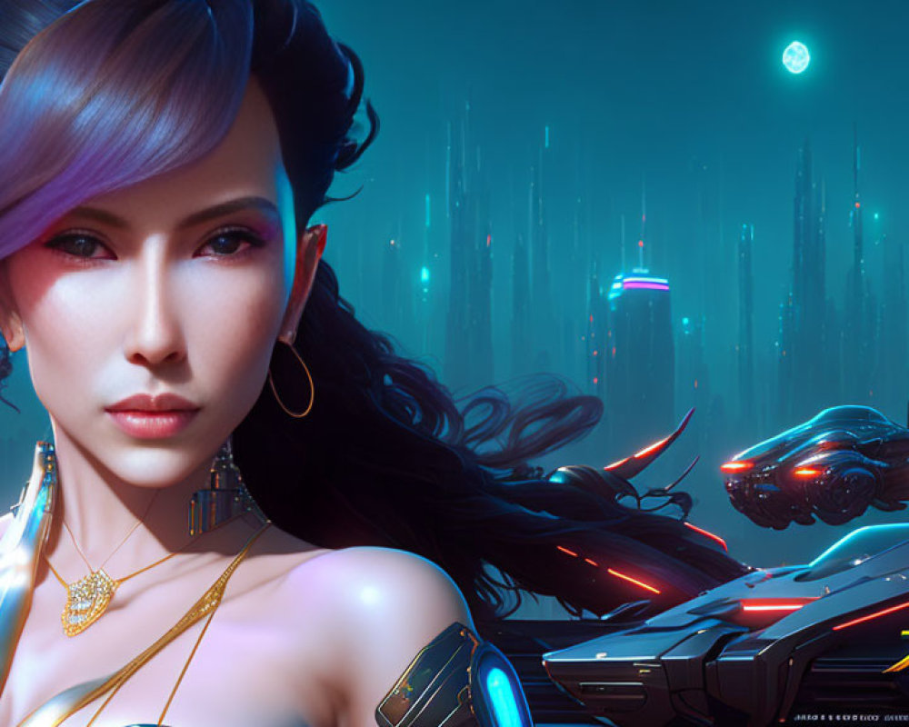 Purple-haired woman in futuristic cityscape with hovering motorbike.