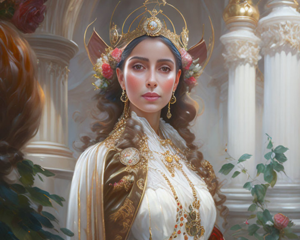 Regal woman in golden crown and white dress in classical setting