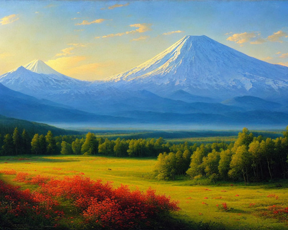 Snow-capped mountains, forest, meadow, and clear sky landscape.