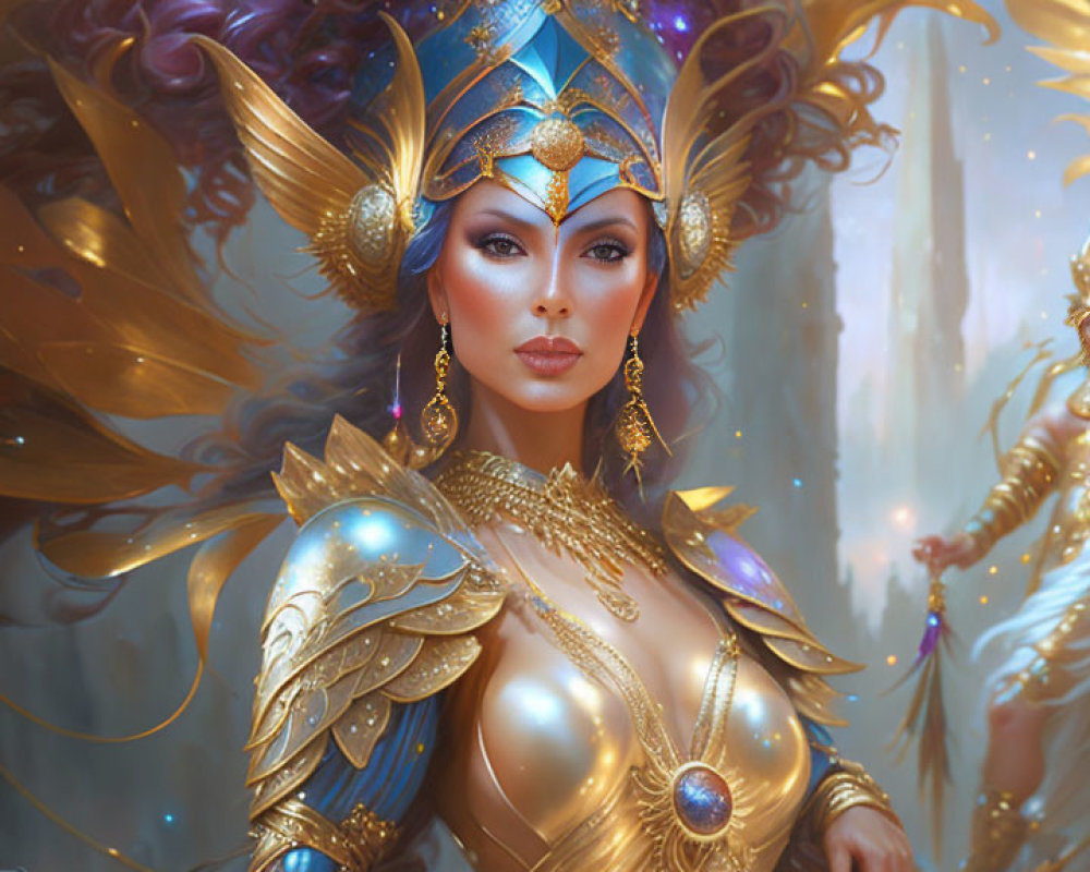 Regal woman in golden armor with ethereal figures.