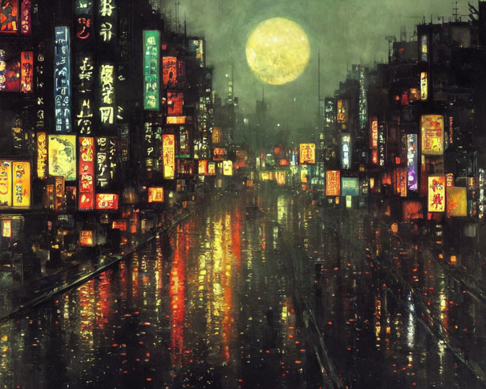 Neon-lit street with full moon in rainy night