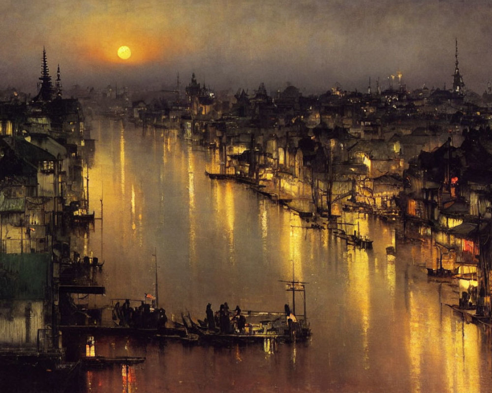 Tranquil river scene at dusk with traditional buildings and boats under full moon