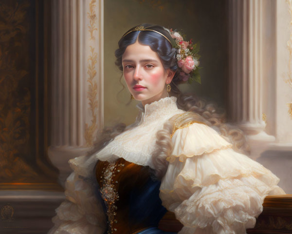 Woman portrait with elaborate floral hairstyle and elegant dress against classical backdrop