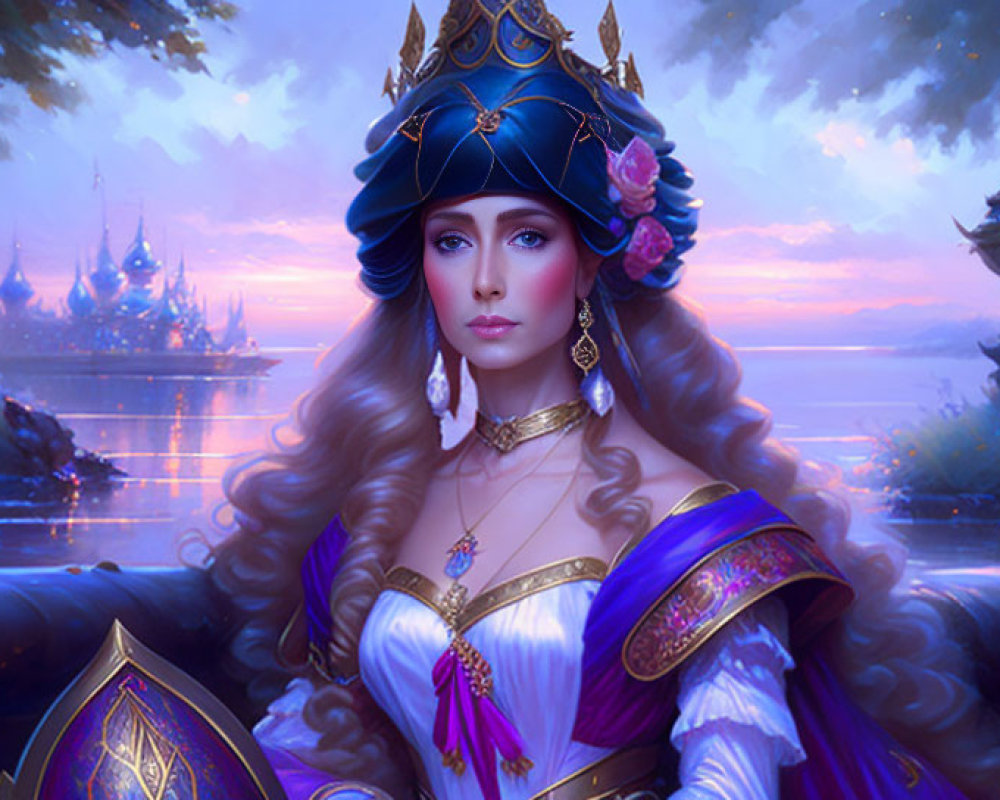Regal woman in blue and purple gown against fantasy sunset harbor