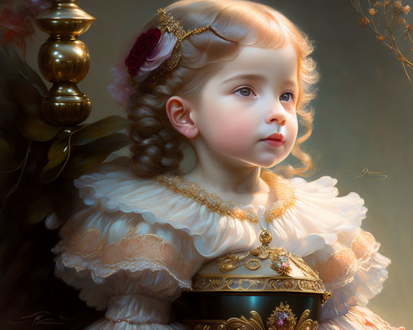Victorian-style dress digital painting of young girl with rose and jeweled container