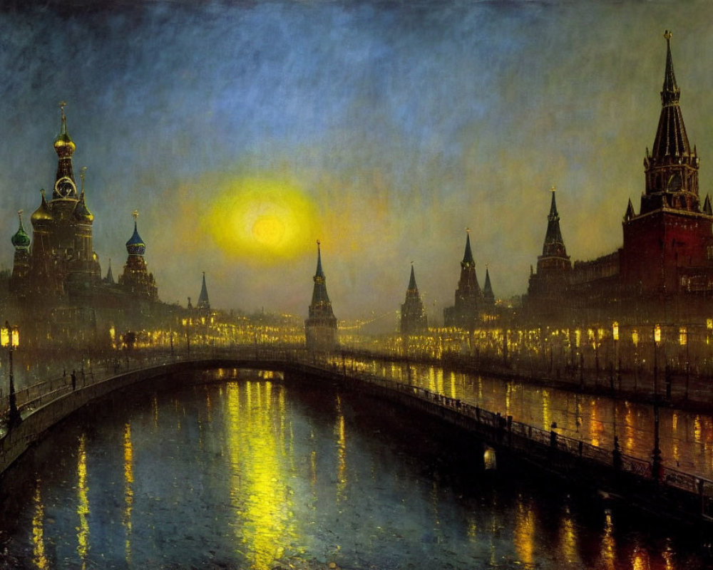 Night painting of Moscow's Red Square with St. Basil's Cathedral and the Kremlin, illuminated river reflection