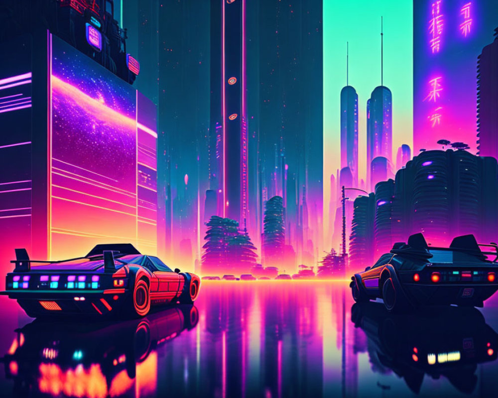 Futuristic cityscape with neon lights and flying cars at dusk