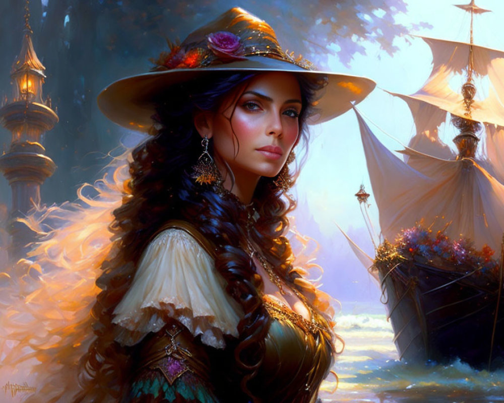Fantasy portrait of woman in large hat with roses, elegant attire, ships, and mystical background