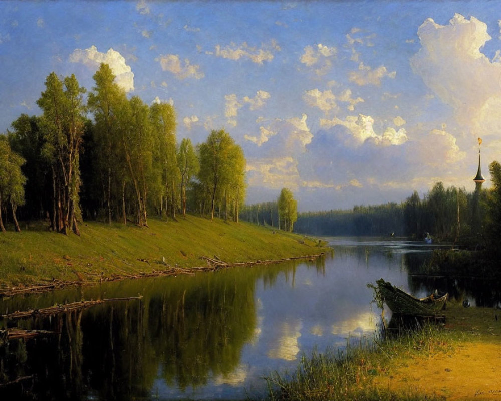 Tranquil river landscape with lush trees and old boat