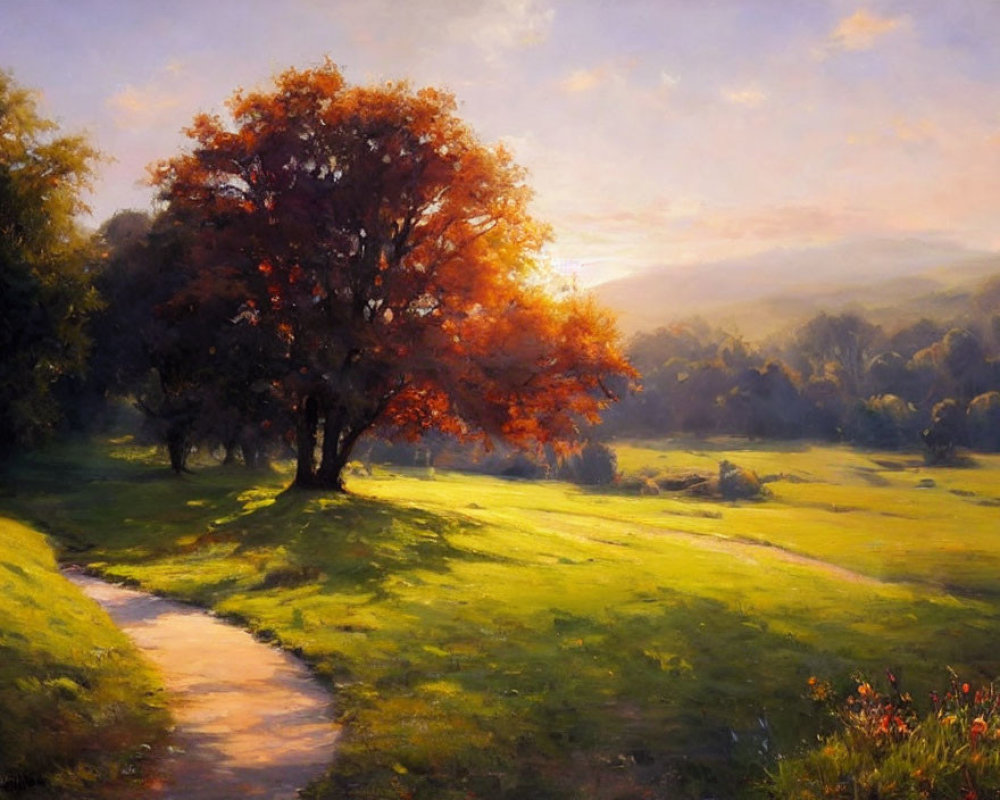 Vivid autumn tree painting in serene landscape