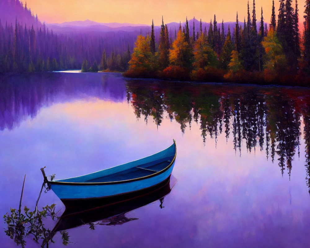 Tranquil landscape: blue canoe on calm lake with twilight reflections