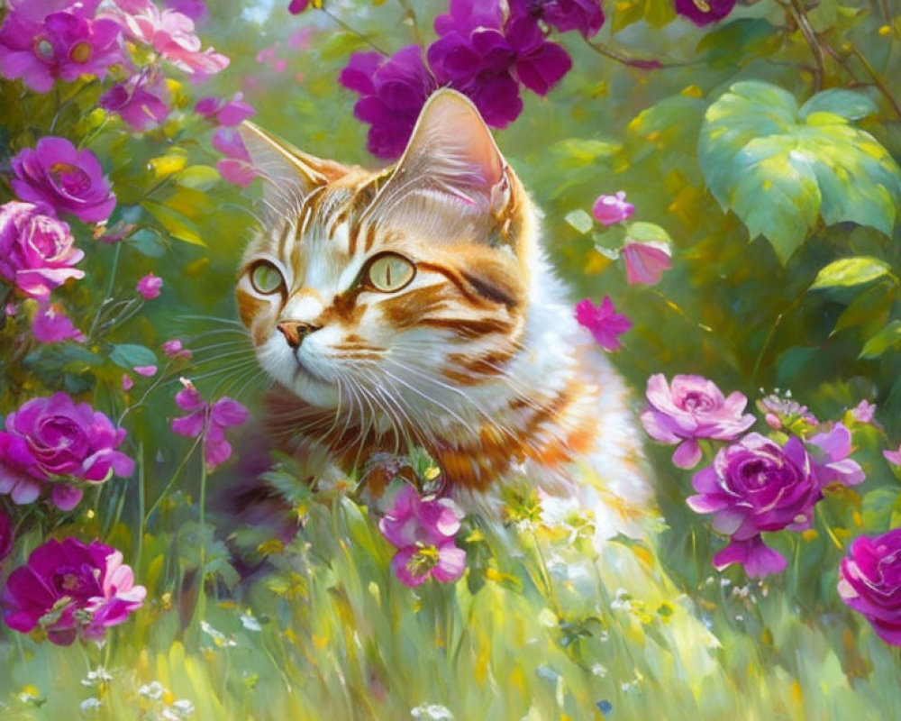 Ginger and White Cat Among Greenery and Pink Roses