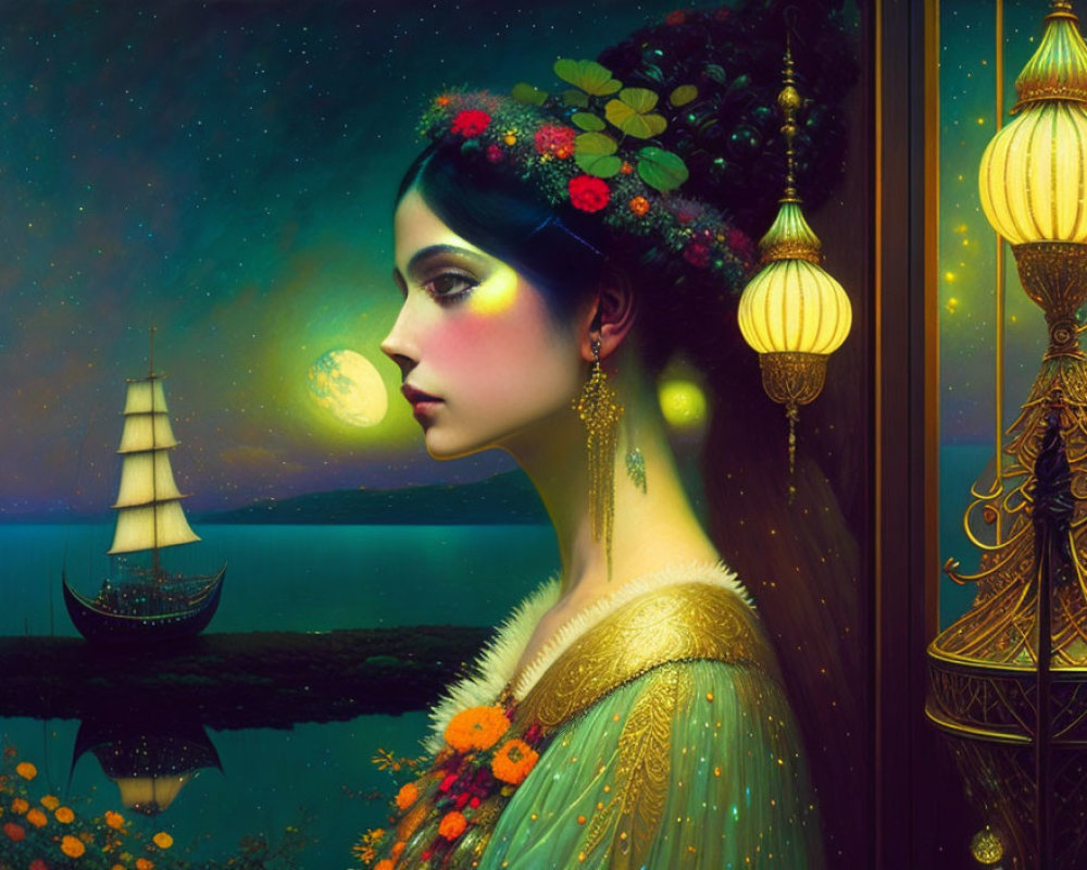 Stylized portrait of woman with floral adornments in night seascape