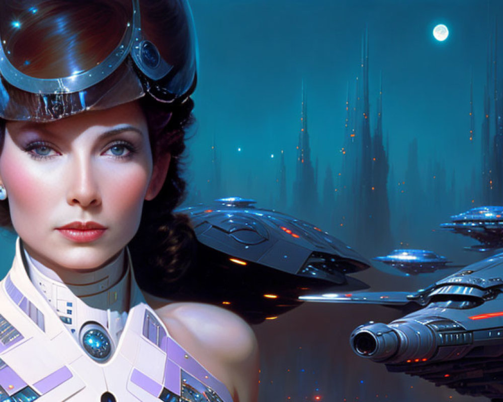 Futuristic woman in space helmet with cityscape and starships in the background