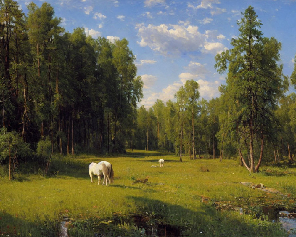 Tranquil landscape painting: horses grazing in lush meadow with forest and river.