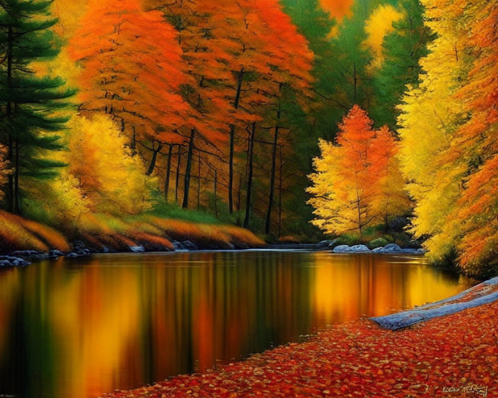 Tranquil autumn landscape with colorful trees reflecting in river