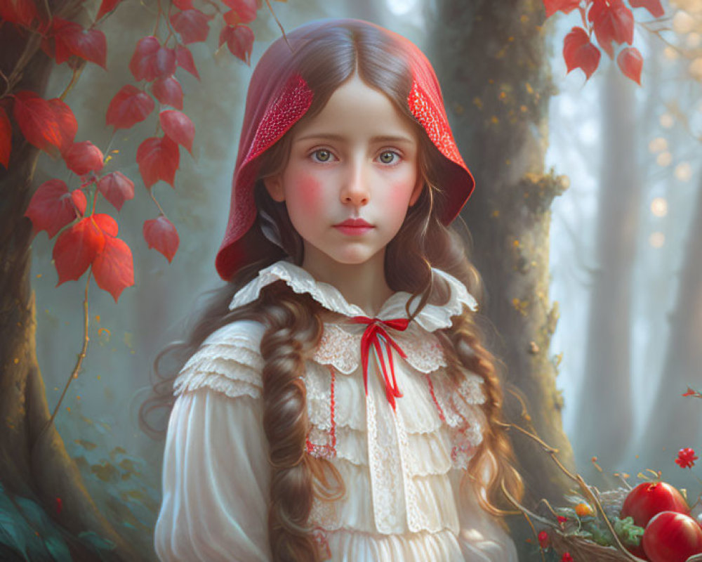 Young girl in white dress and red headscarf among trees with sunlight and apples.