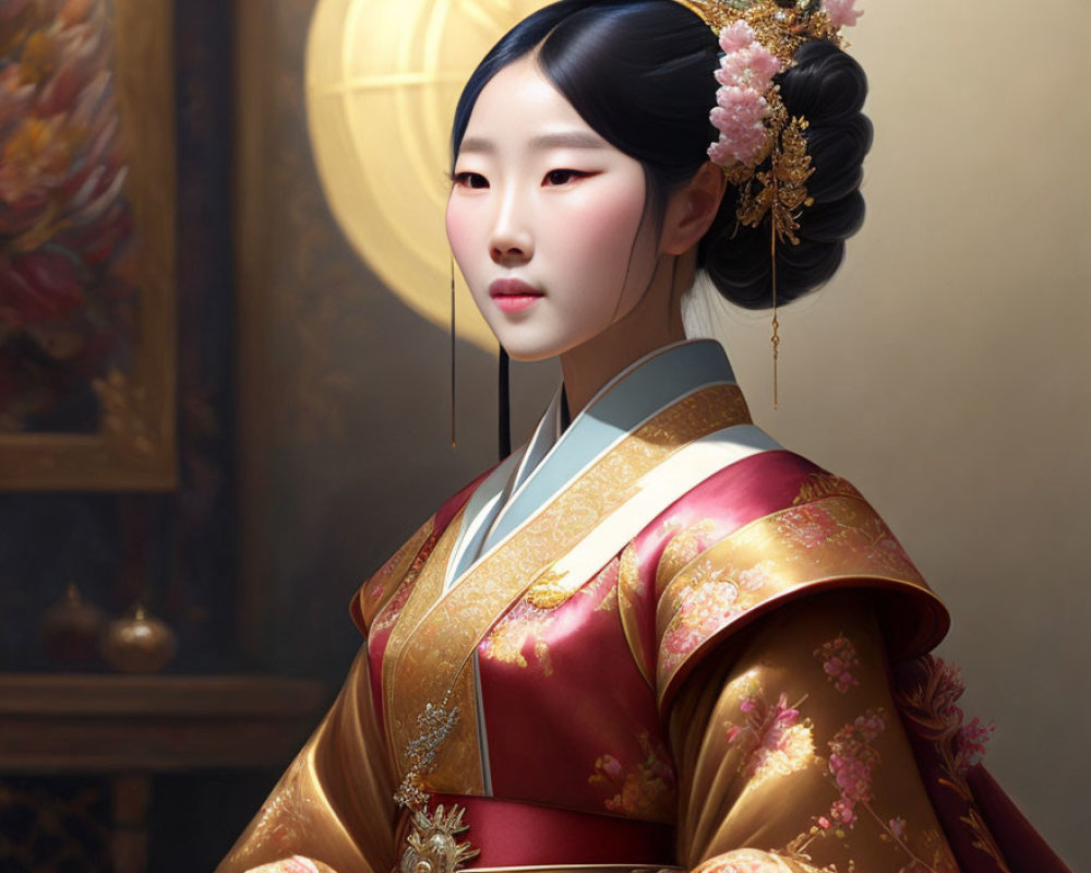 Traditional Asian Attire Woman with Hair Accessories in Floral Painting Scene