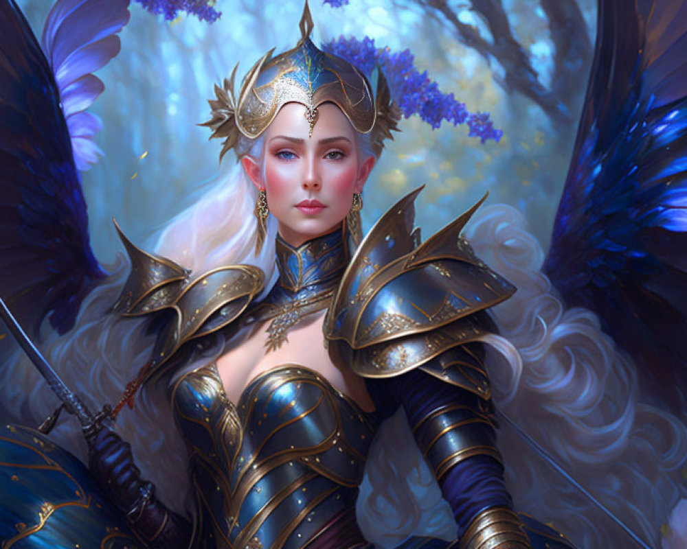 Female warrior in golden armor with blue wings in mystical forest