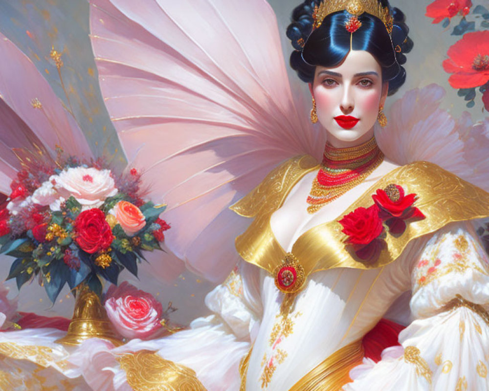 Elegant Woman in White and Gold Dress with Fan and Flowers