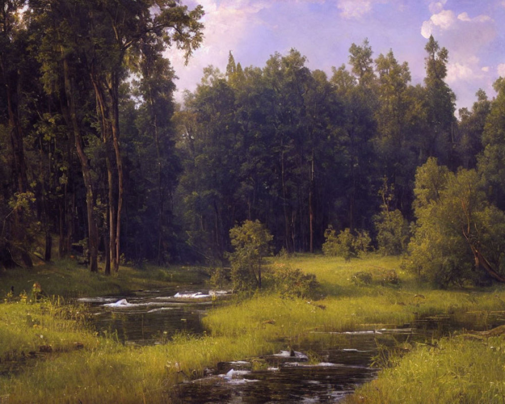 Lush Green Forest Scene with Meandering Stream