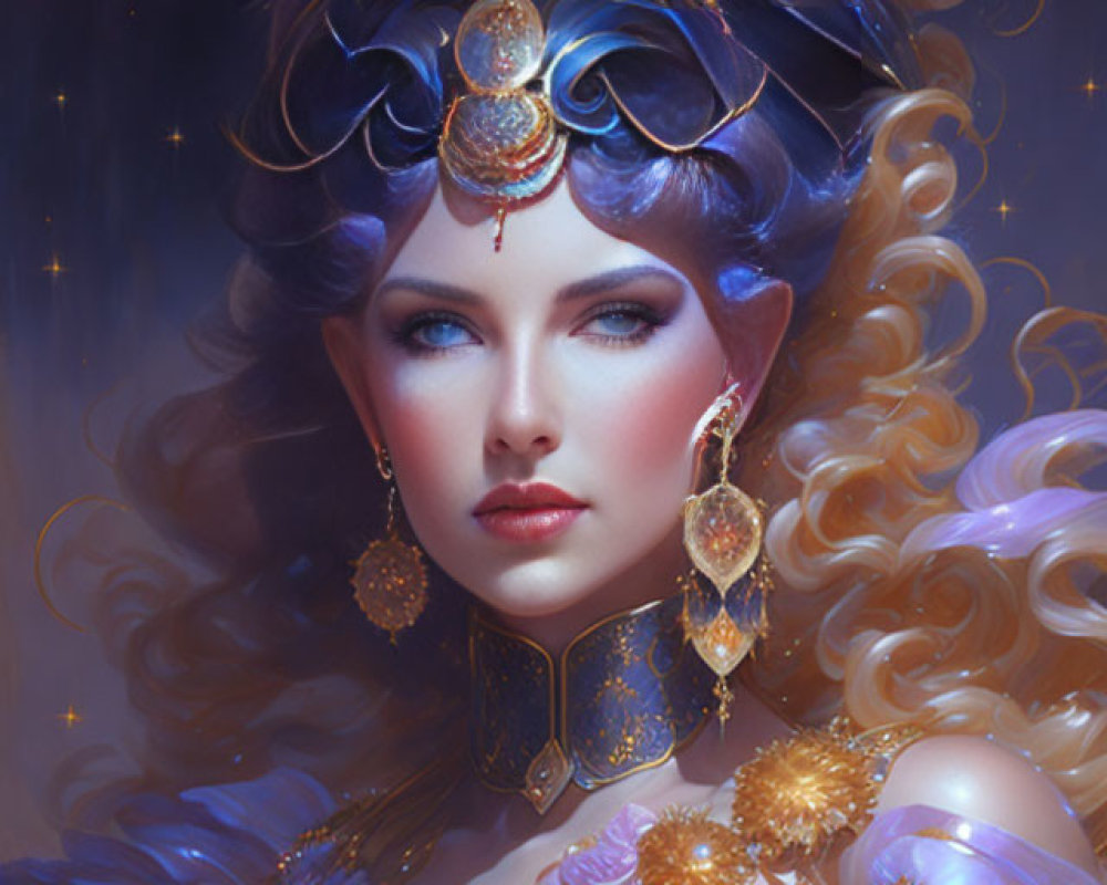 Digital art portrait featuring woman with ornate gold and sapphire jewelry, blue eyes, blonde hair,