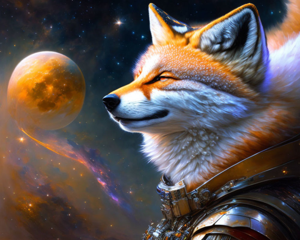Armored fox in cosmic setting with moon, stars, and nebulae